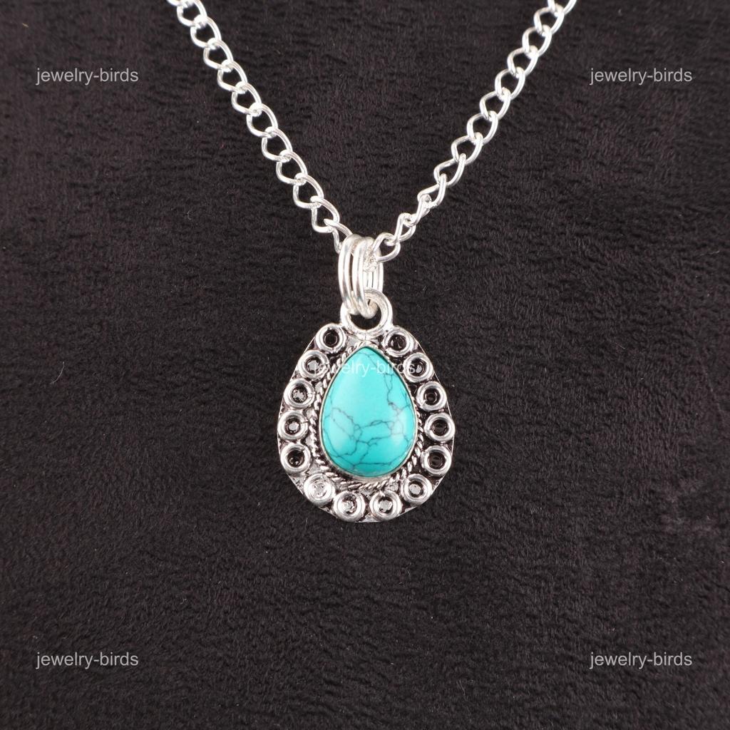 Natural Blue Turquoise Sterling Silver December Birth Wedding Pendant Jewelry PP-26-48
