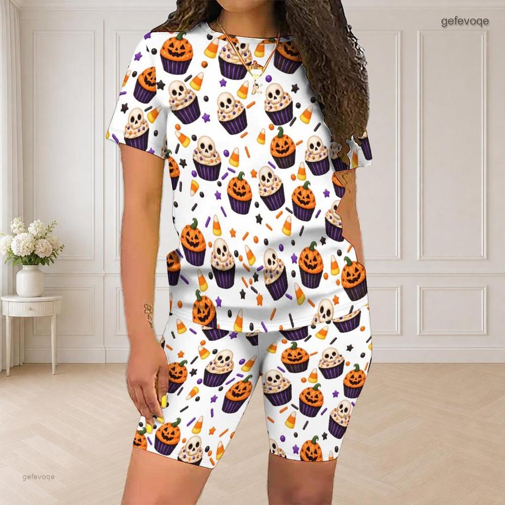 Women Plus Size Halloween Printed Round Neck Short Sleeve Top And Fitted Shorts Two Piece Set