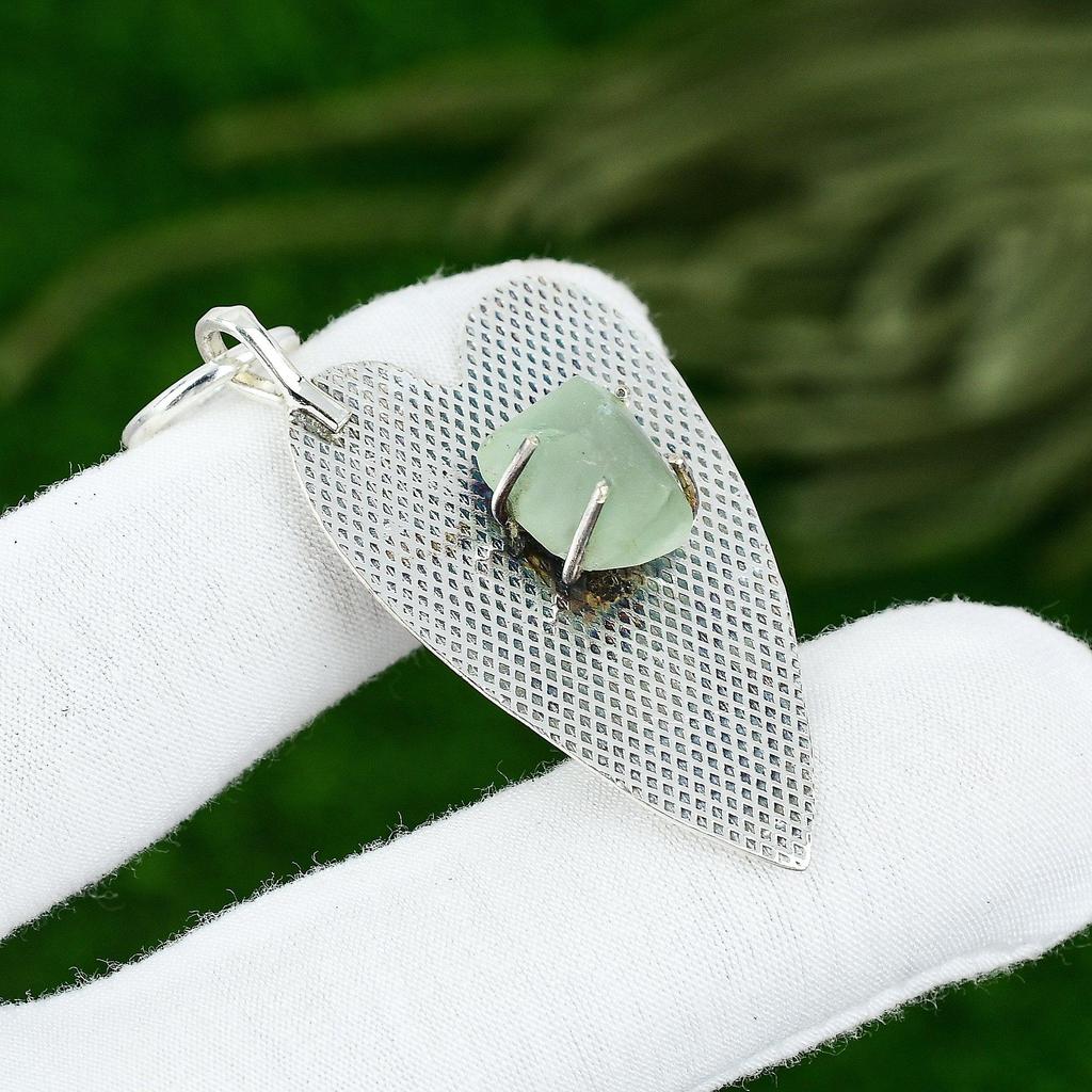 Sterling Silver Natural Prehnite Rough Birthday Bezel Artisan Engagement Pendant