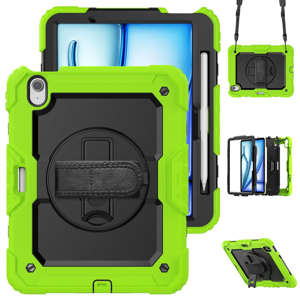 For iPad Air 11 (2025)/(2024) Case Rotating Kickstand PC+Silicone Tablet Cover with Screen Film/Shoulder Strap
