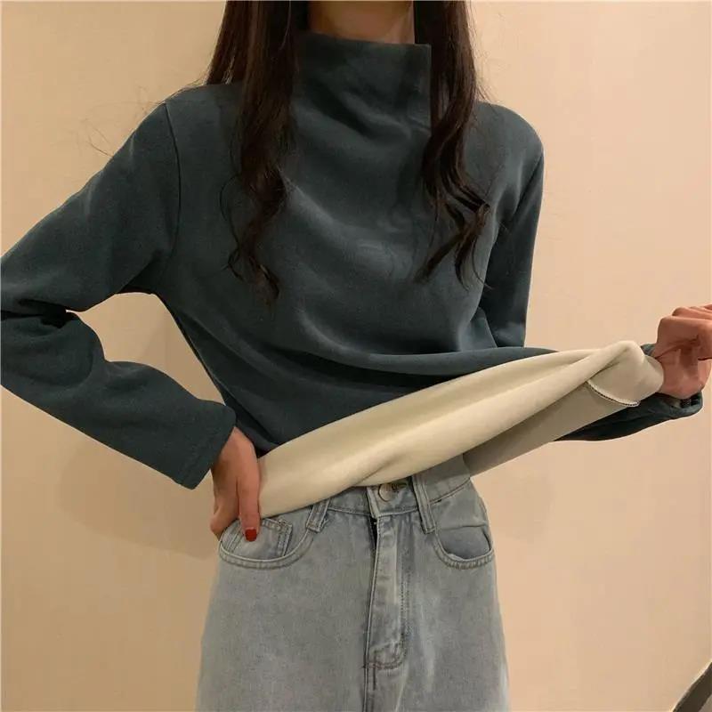 Autumn and Winter Semi-high Collar Plus Velvet Thickening Warmth and Comfort Sanding Base Shirt with T-shirt Long-sleeved Solid Color Top
