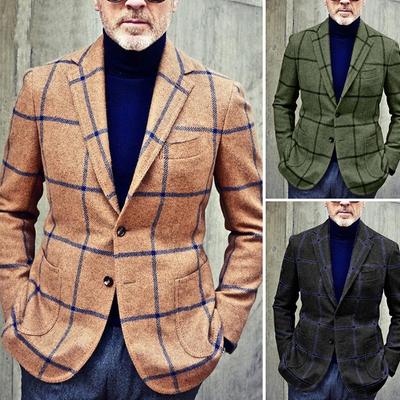 Herrenmode-Langarm-Slim-Fit-Jacke mit kariertem Streifen, Lassel, einreihige Freizeitanzugjacke mit zwei Knöpfen