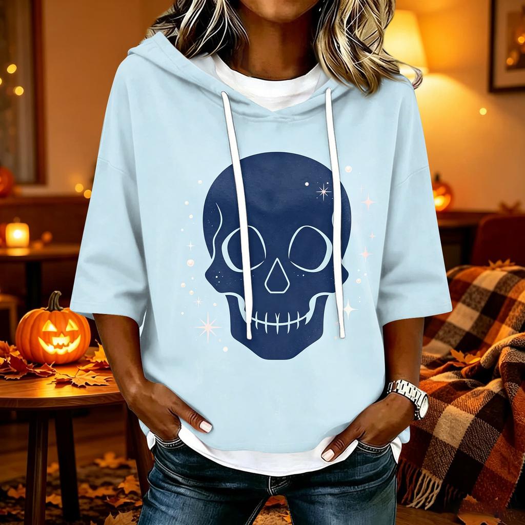 Women's Halloween Print Hooded Top, Loose Fit Casual 3/4 Sleeve Pullover Shirt