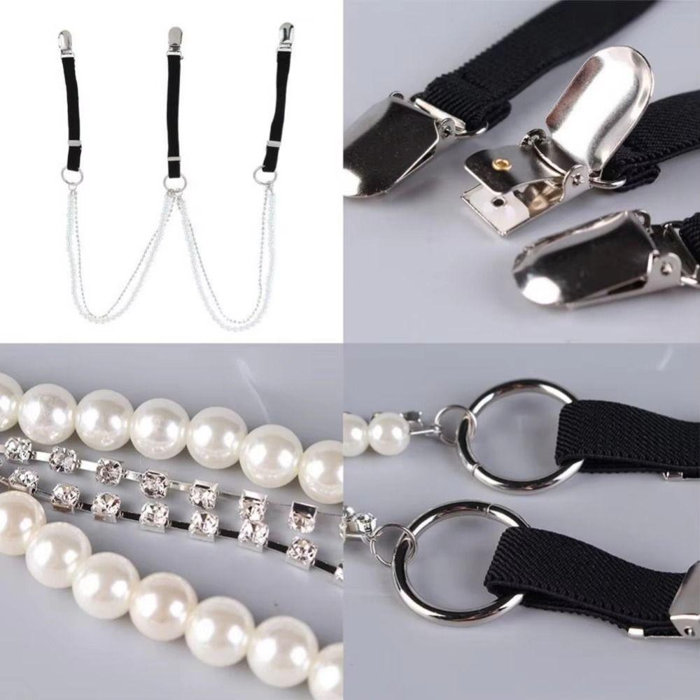 3 Metal Clips Rhinestone Pearl Suspenders Pearls Adjustable Suspenders  Christmas Gift