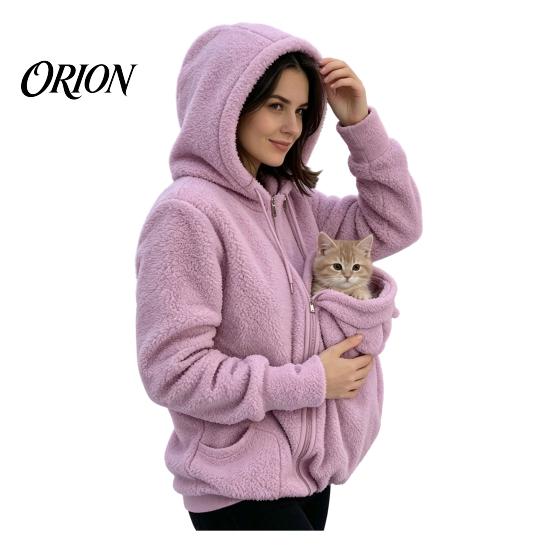 Pet Pouch Hoodie Zip-up for Women, Cat Dog Carrying Pocket Hooded Warm Nursing Sweatshirt, Winter Fleece Long Sleeves Jacket Animal Lovers