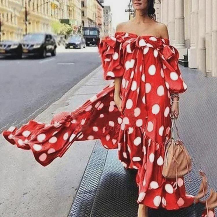 European American Style Off Shoulder Polka Dot Bohemian Maxi Dress