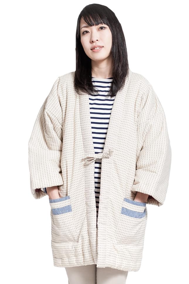 Tayutaf Made in One Size Fits Chanchanko Polka x Women's Hanten, Japan, Kurume, Cute, Women's Tsumugi, All, Rokka/ROCCA (Natural Dots, Off-White