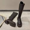 Brown Thick Heel Long Boots Women's Summer Versatile Slimming Over-Knee Boots Stylish Round Toe Rubber Outsole Pure Color