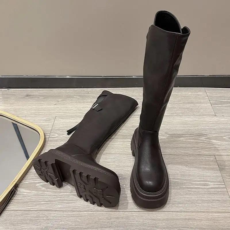 Brown Thick Heel Long Boots Women's Summer Versatile Slimming Over-Knee Boots Stylish Round Toe Rubber Outsole Pure Color