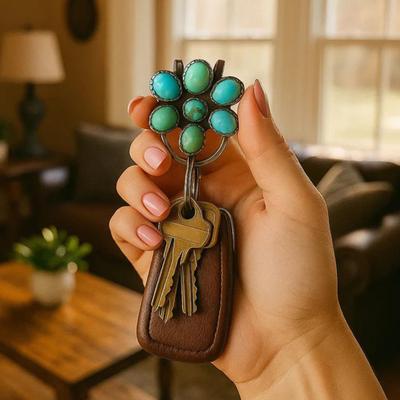 Turquoise Inlaid Bag Clip Key Holder Bohemian Style Flower Design Key Finder Car Keychain Hook Purse Accessories