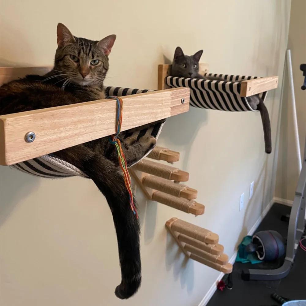 1pc Wall-mounted Cat Furniture Set Scratching and Climbing Post Hammock Bed Wooden Stairway Shelves Indoor House for Kittens