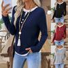 Autumn and Winter New Women's Fake Two-piece Crew Neck Button Pullover Polished Long-sleeved T-shirt