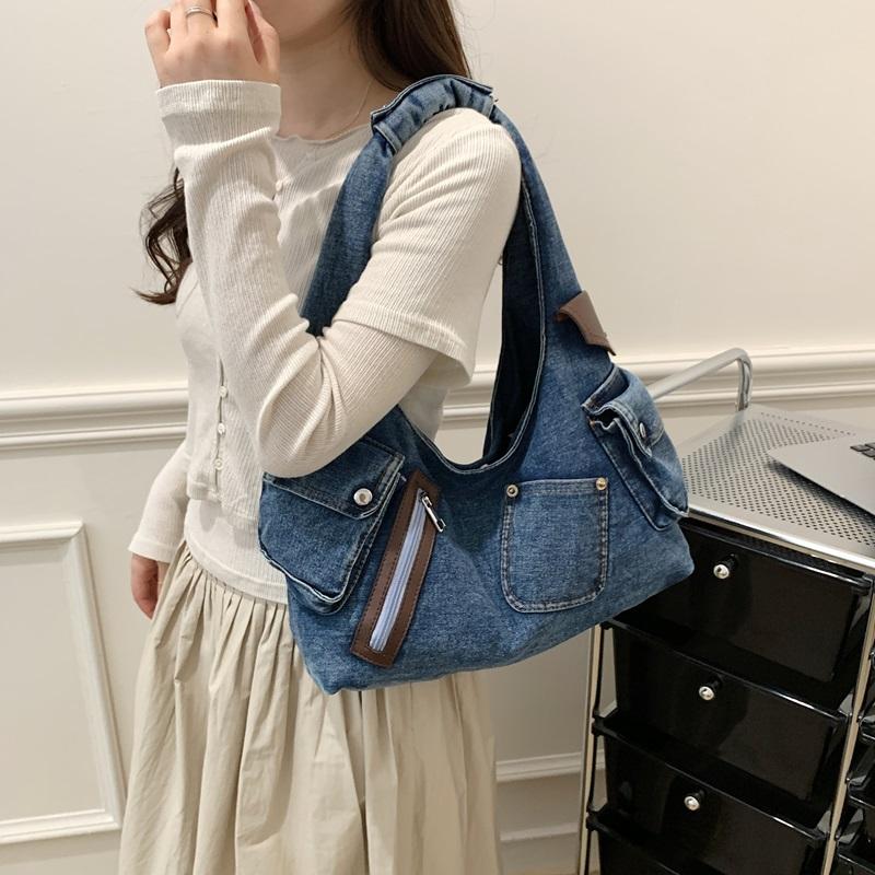 Washed Denim Slouchy Hobo Bag with Multi Pocket Design and Ruched Strap Casual Shoulder Purse for Women Daily Travel