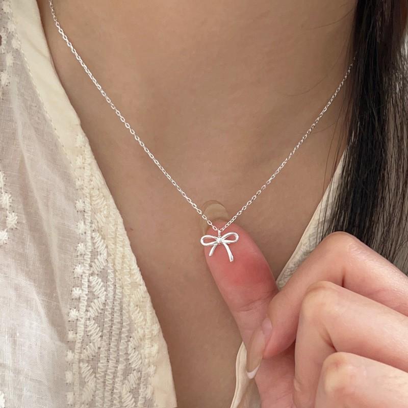 Elegant Double Layered Pendant Necklace With Pearl Bow Charm In Sterling Women Adjustable 41-50cm O-Link Chain