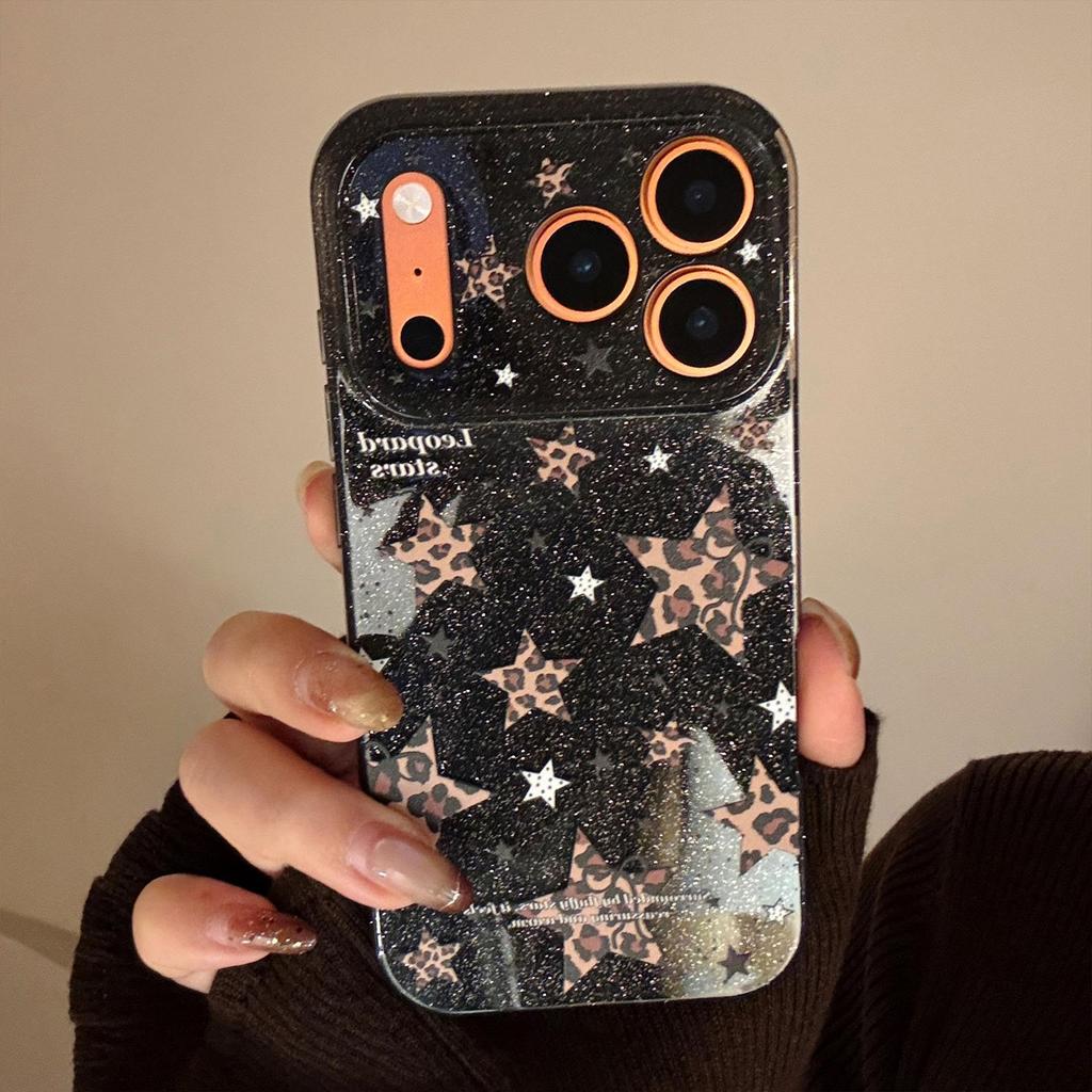 Glitter Leopard Print Star Phone Case for iPhone 15, iPhone 16, iPhone 17 Pro Max