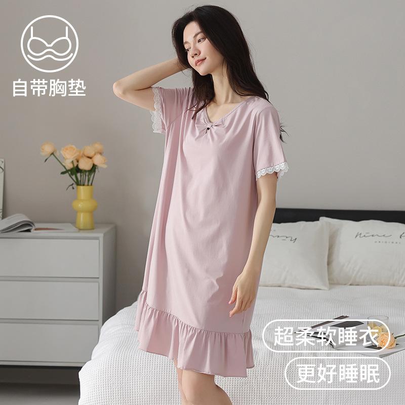 Modal pajamas women's one-piece pajamas with chest pads, short-sleeved dresses, cotton and silk ruffle leaf edge loungewear summer