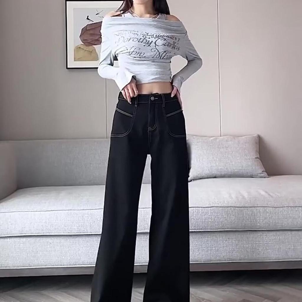 Women's 2025 Slimming Wide-Leg Black Jeans - Trendy Design for Autumn & Summer