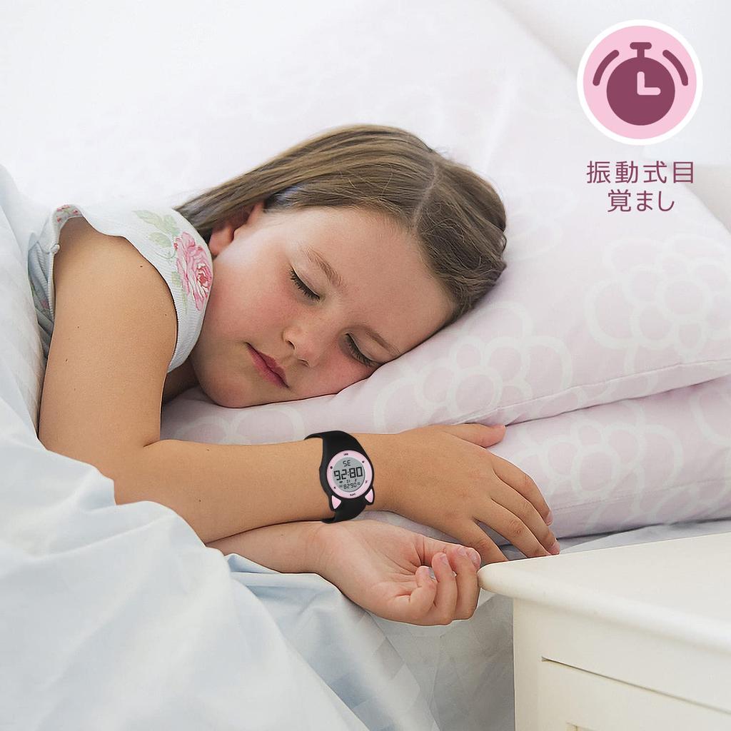 Cat-themed Smartwatch for Girls, Black, with Pedometer, Rechargeable, Waterproof Digital Watch, Sports Watch, Fitness Watch, Vibration Alarm, Date, Da