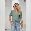Summer Women's T-shirt Casual V-neck Solid Color Hollowed Out Bubble Sleeve Loose T-shirt Tops Female