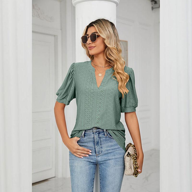 Summer Women's T-shirt Casual V-neck Solid Color Hollowed Out Bubble Sleeve Loose T-shirt Tops Female