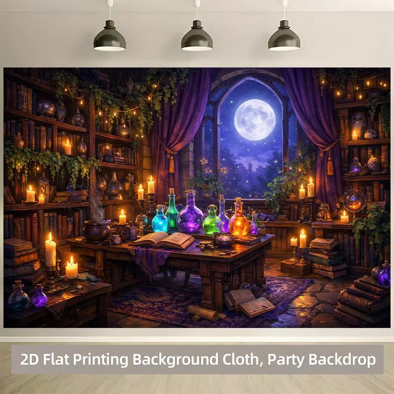 2D Magische Hexe Studie Wandteppich, Bunte Zaubertrankflaschen, Zauberbücher & Vollmond bei Nacht Wandkunst