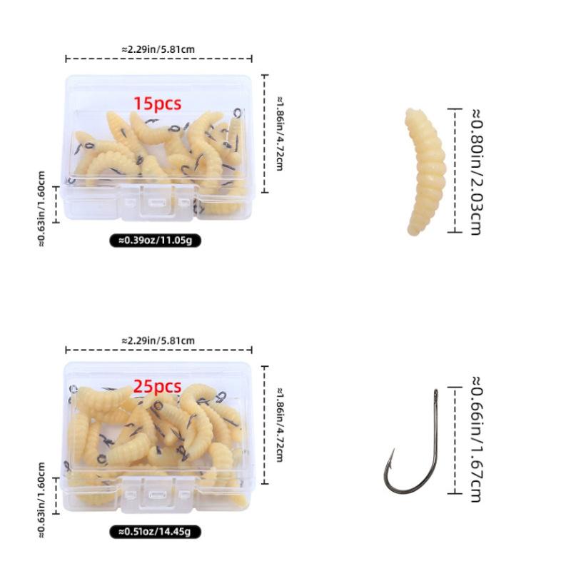 20Pcs Grub Lures Rubber Bread Worm Maggots Fishing Bait Set With Hooks For Bass Trout Crappie Bluegill Freshwater Fishing Parts