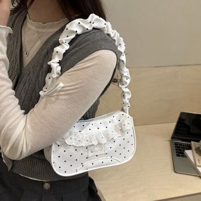 Drawstring Polka Dot Shoulder Bag Stretchable Strap French Stick Handbag  Women