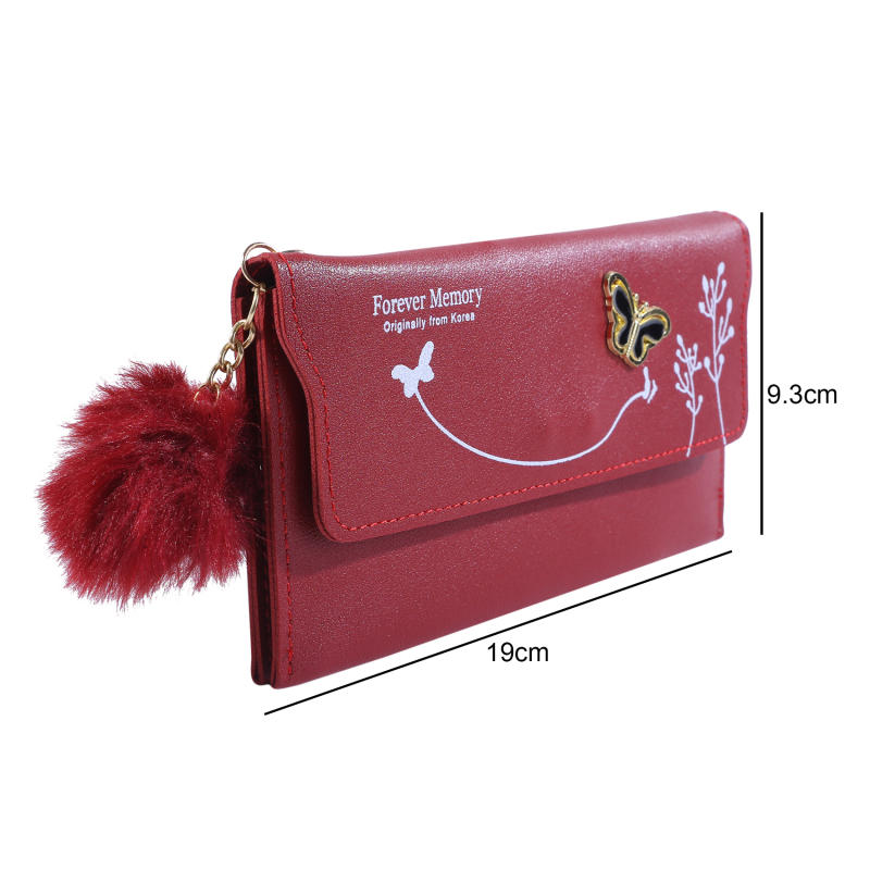 Womens Wallet Cute Elegant Long Slim Card Holder Case Minimalist Coin Purse Zipper Wallet With Fur Ball Bow Decor