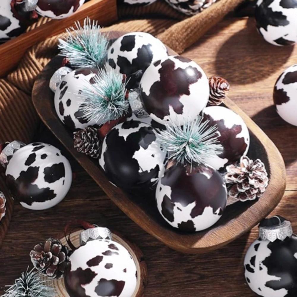 12/24Pcs Cow Print Ball Christmas Tree Ornaments 6CM Shatterproof Xmas Tree Hangings Pendant DIY Western Cowboy Christmas Ball