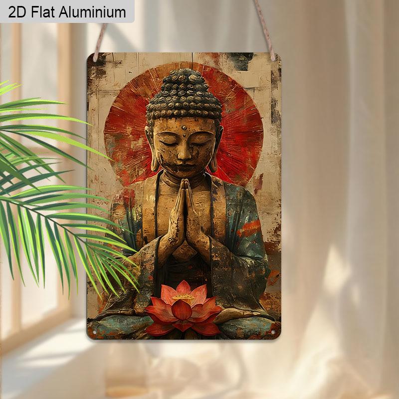 2D Flat, 1pc Vintage Spiritual Aluminium Wall Art Sign "Serene Buddha with Lotus"- 8"x12" Aluminium Rustic Home Decor, Meditation Room & Yoga Studio