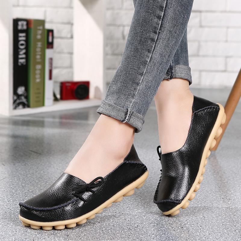 New Moccasins Women Flats  Autumn Woman Loafers Genuine Leather Female Shoes Slip On Ballet Bowtie Women'S Shoes Big Size