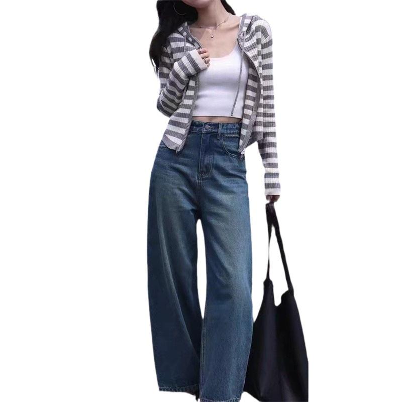 Frühlingsstrickjacke Top mit Kapuze Doppelreißverschluss Gestrickte gestreifte Sweatshirtjacke für Damen