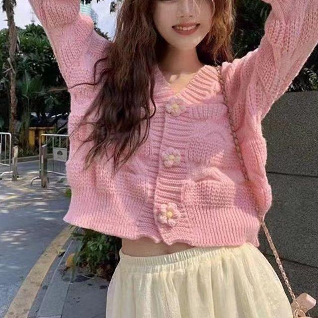 Korean-Style Women's Cardigan: Spring Autumn Winter Outerwear Loose Knitwear French Short Top