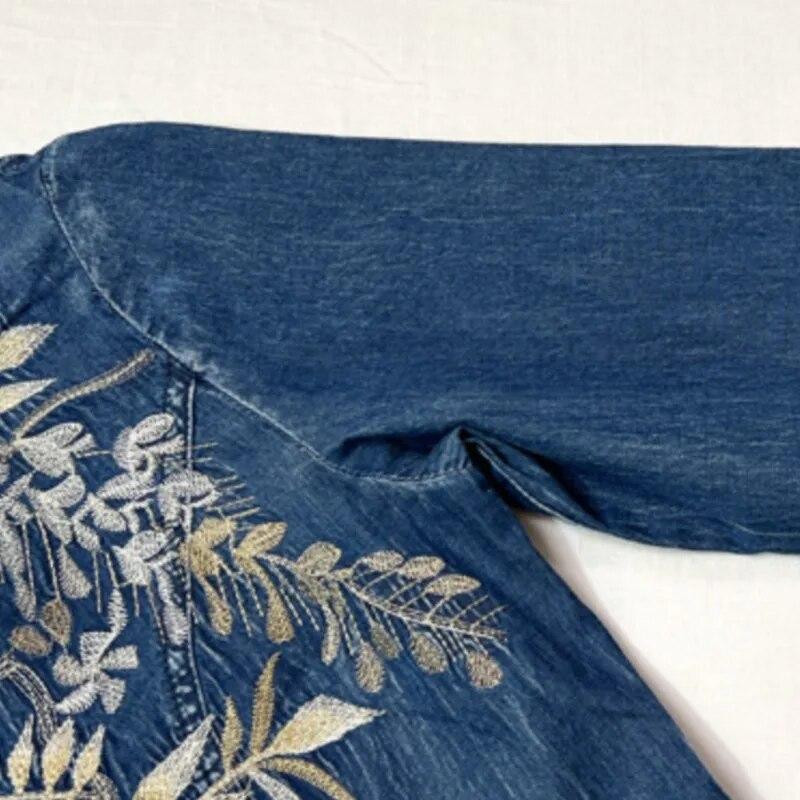 Johnature Kvinne Vår Kinesisk stil Nisje Spenne Kjole Mote Broderi Uformell Vintage bomull Langermet Kjole