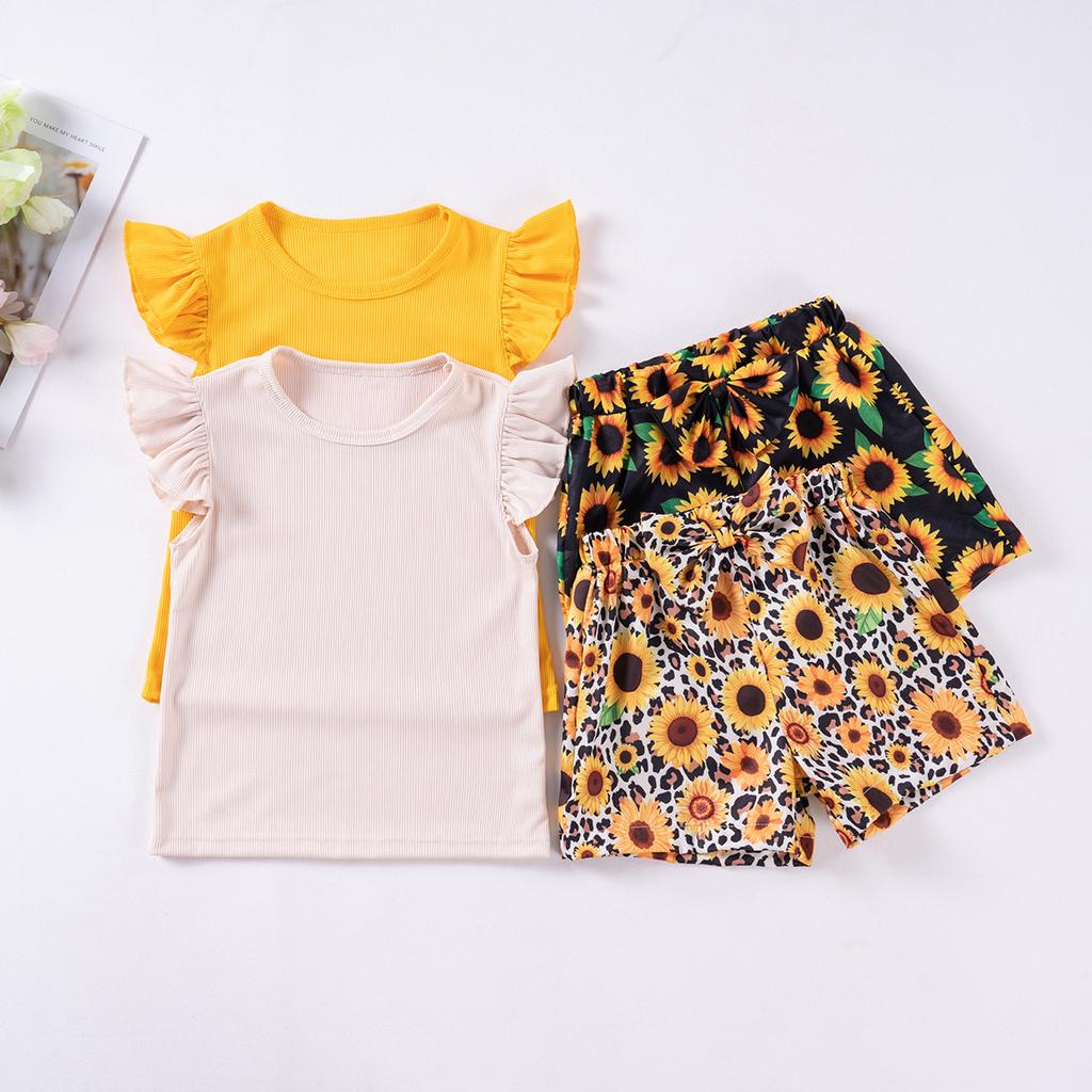 Girls Fashion Cute Solid Color Top Sunflower Printed Shorts Two-piece Set 2025 Summer Children's Casual Set