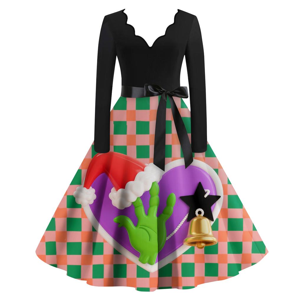 Ladies' Fashionable Retro Long Sleeved Square Neck Christmas Printed Evening Dress Dress