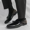 Men’s Rivet Loafers Dress Black Patent Leather Monks Shoes Men Slip on Pointed Toe Tuxedo Rock Club Shoes Plus Size