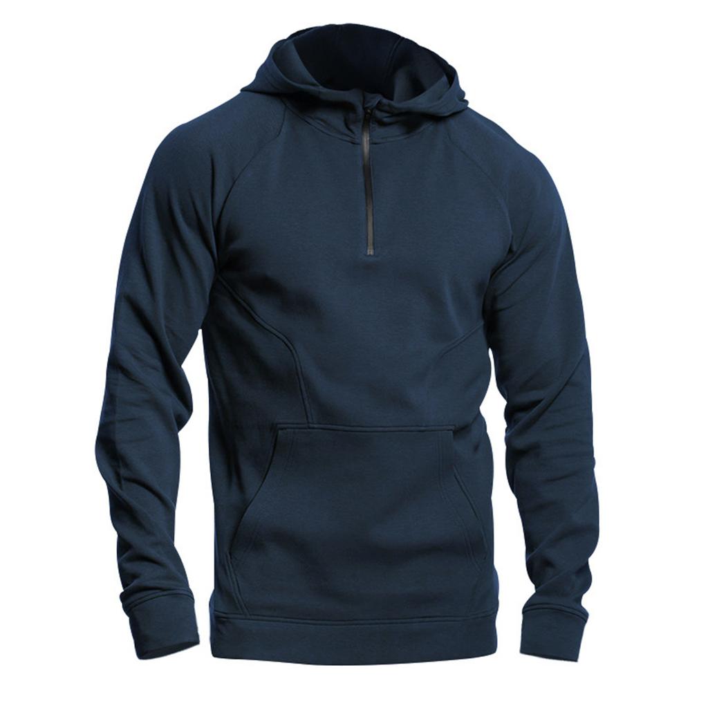 Men's Long Sleeved Stand Up Collar Casual Pullover Hooded Half Zip Patchwork Fleece Hoodie