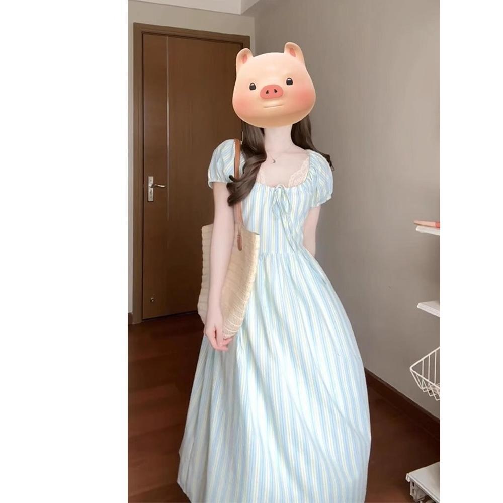 Square Neck Bubble Sleeve Striped Dress Women's Summer Sweet Casual Temperament Waist Dress