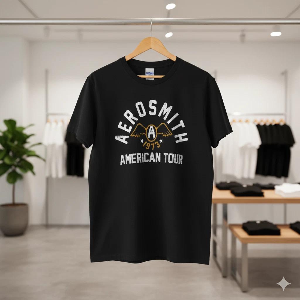Aerosmith 1973 American Tour Vintage Rock Band T-Shirt (Black) - T678 3XL
