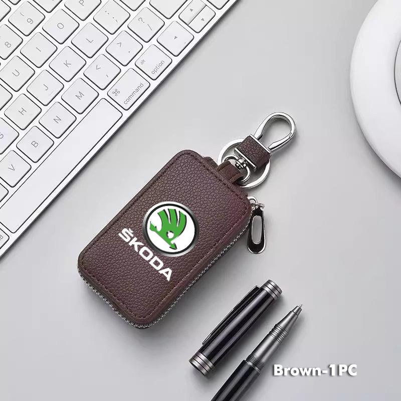 For Skoda Key Case Multifunctional Key Case Leather Keybag Zipper Keychain Wallet Rapid Octavia Derivative Enyaq-iV VisionS Yeti