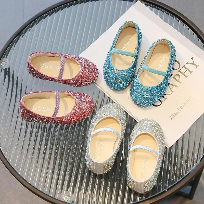 Children's New Single Shoe Girls' Fashion Show Sequined Crystal Shoes Baby Baotou Fashionable Soft Soled Princess Shoes