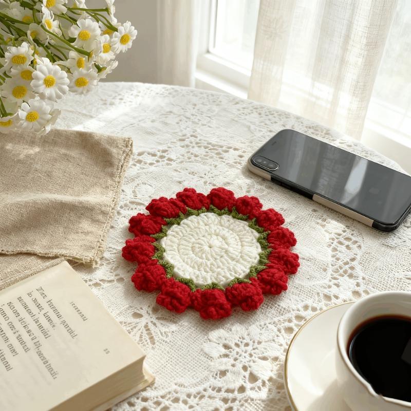 Sottobicchiere Fatto a Mano a Forma di Rosa Lavorato a Maglia, Sottobicchiere Floreale Carino, Fioriera all'Uncinetto, Decorazione in Tessuto Stile Bohémien, Decorazione da Tavola, Sottobicchiere Durevole