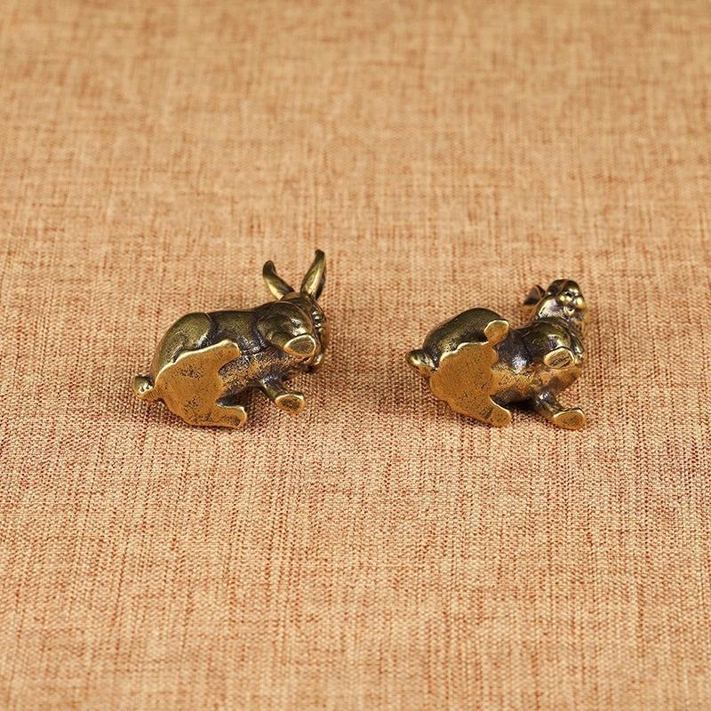 1Pair Lucky Rabbit Statue Ornaments Antique Copper Zodiac Vintage Solid Brass Animal Miniature Figurine Tea Pet Desk Decor