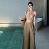 Old money wind pendant wide-leg pants two-piece set + tie-dye neck top, seaside vacation style wear, lazy and advanced