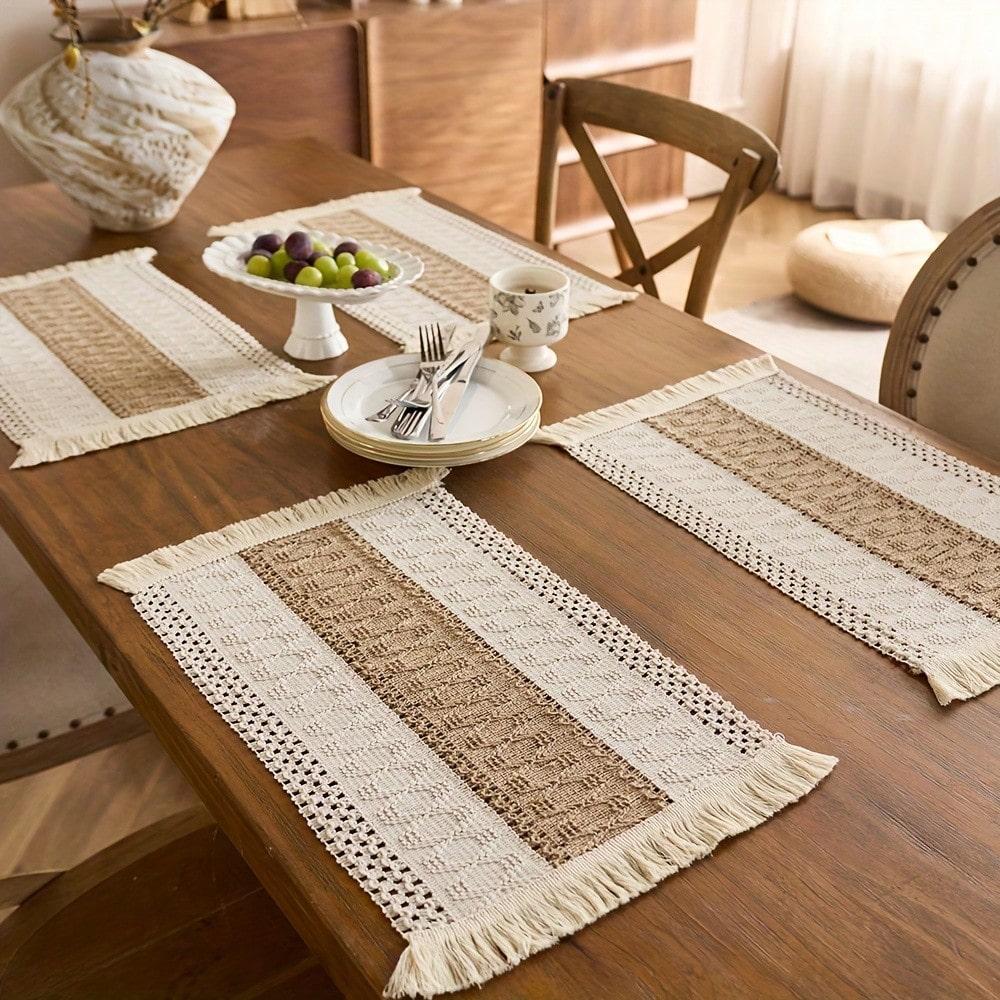 1/4/6pcs Farmhouse - Style Rectangular Placemats, Woven Tassel Table Mats. Ideal for Decorating Dining and Kitchen Tables,