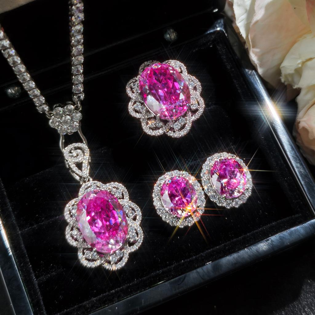 2025 Starry Sky Cutting Rose Red Zircon Large Carat Luxury Full Diamond Jewelry Women's Daily Banquet Three Piece Set