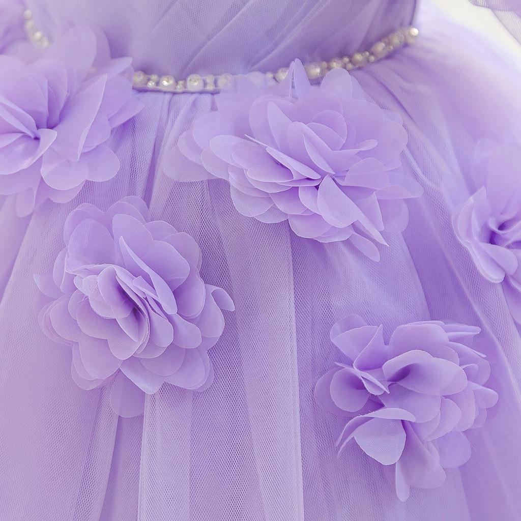 Vestido de Primera Comunión de Princesa con Flores 3D para Niñas - Falda de Malla Abullonada para Actuación de Piano