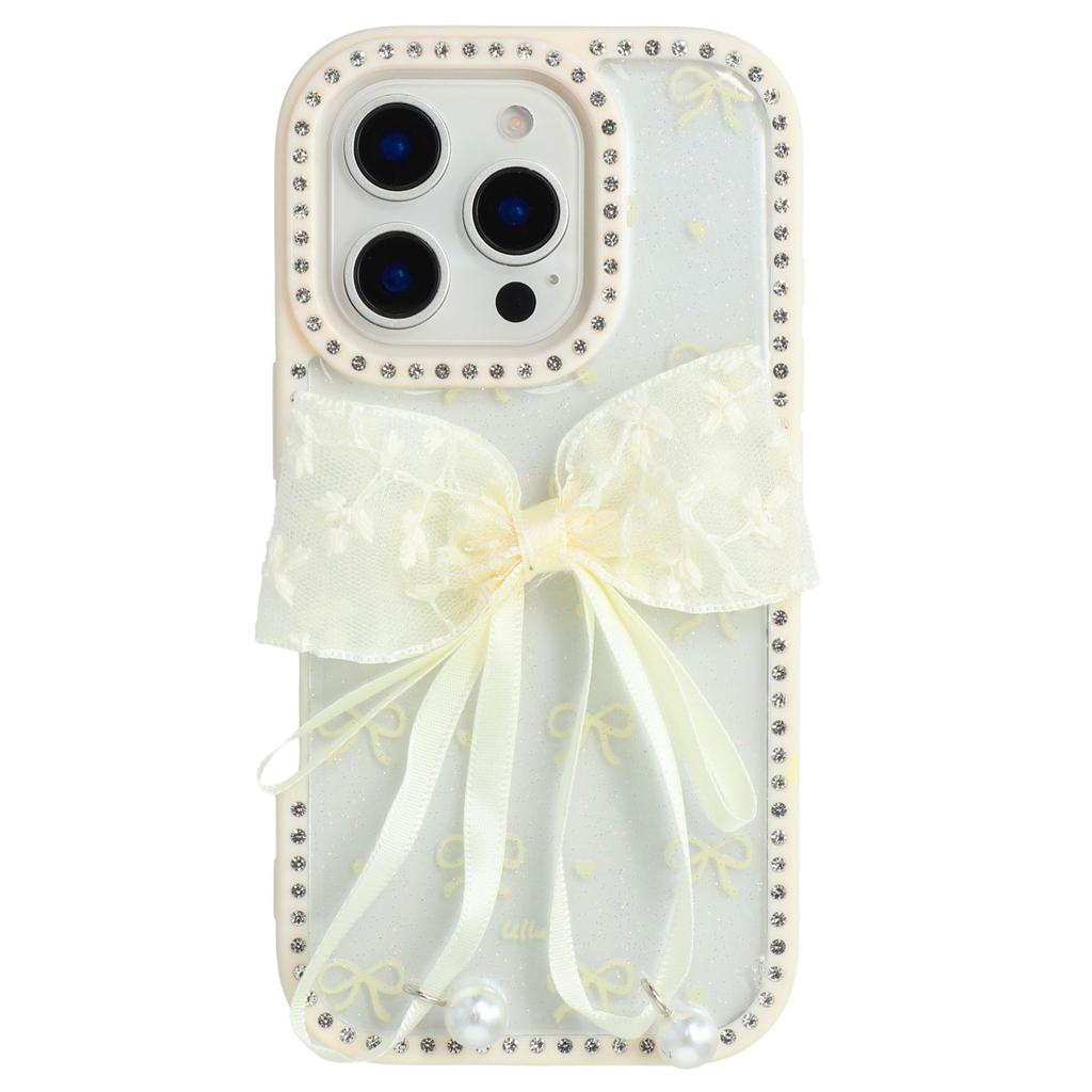 For iPhone 16 Pro Max Case Two Bow Epoxy Design TPU+PC Phone Back Cover Rhinestone Decor