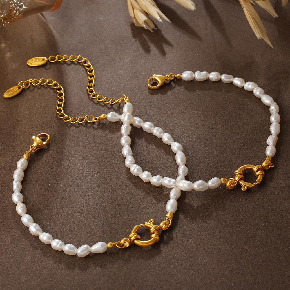 Vintage Gentle Elegant Freshwater Pearl Bracelet Necklace Set Stainless Steel Metal Buckle Commuter Clavicle Chain